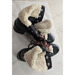 Women's Platform Black Leather Faux Fur Ankle Top Boots Size 11